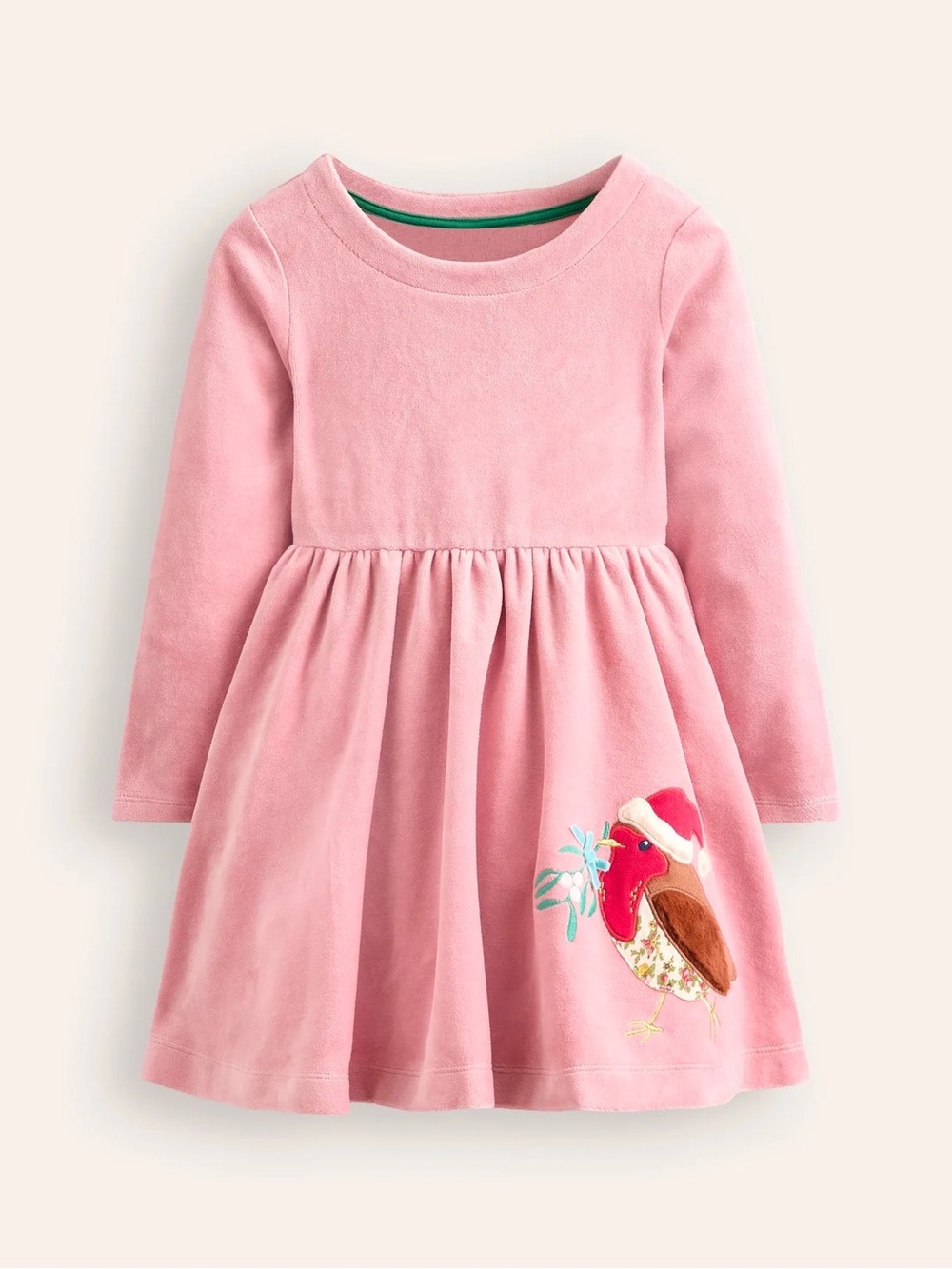 Mini Boden kids twirly velour applique dress almond pink robin girls boden